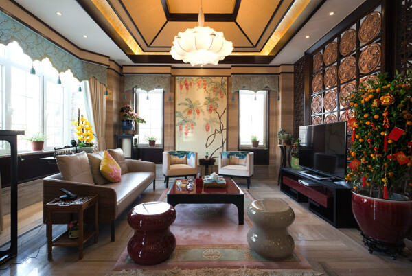 中式典雅客厅白色水晶灯客厅室内装修效果图