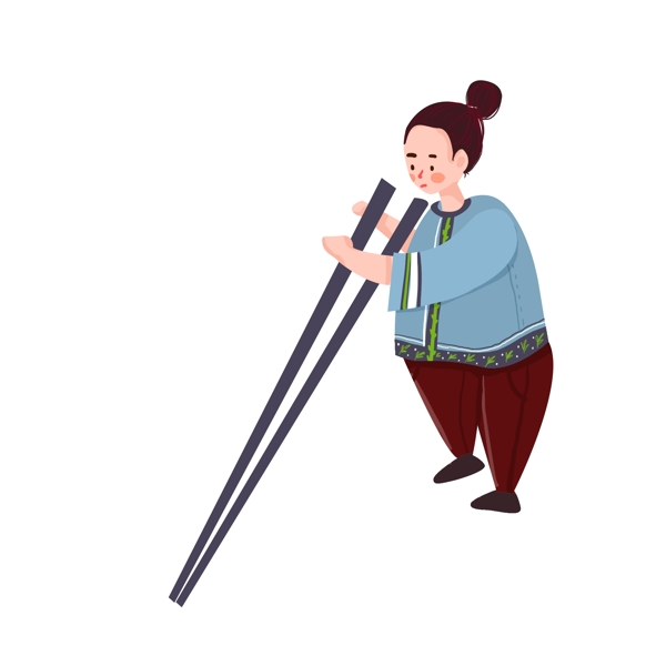 卡通手繪拿著筷子的女孩