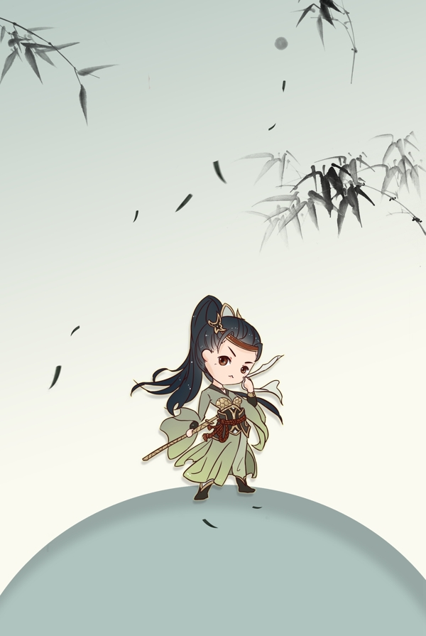 簡約卡通人物墨竹古風(fēng)漸變背景