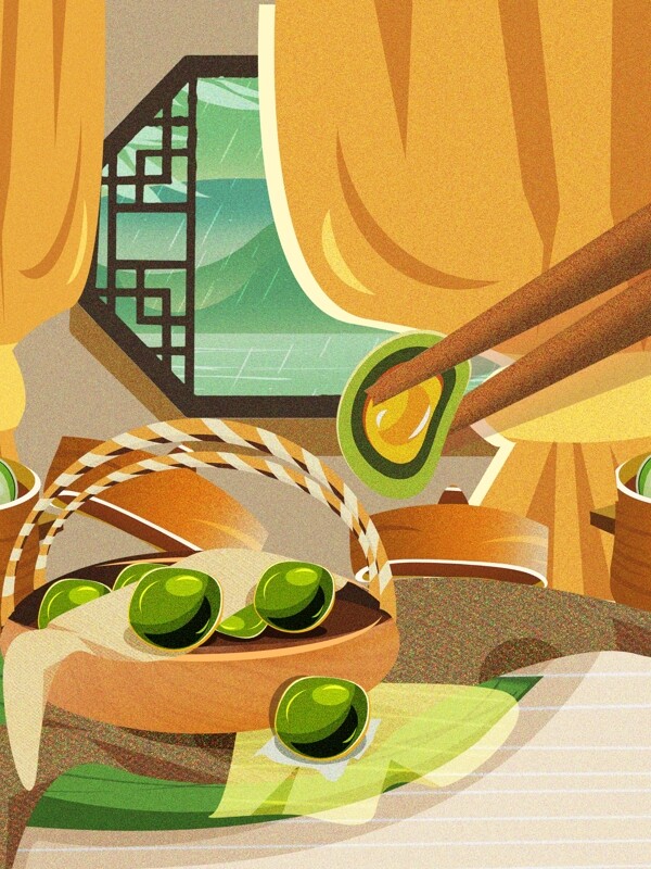 清明节筷子吃青团创意食物插画