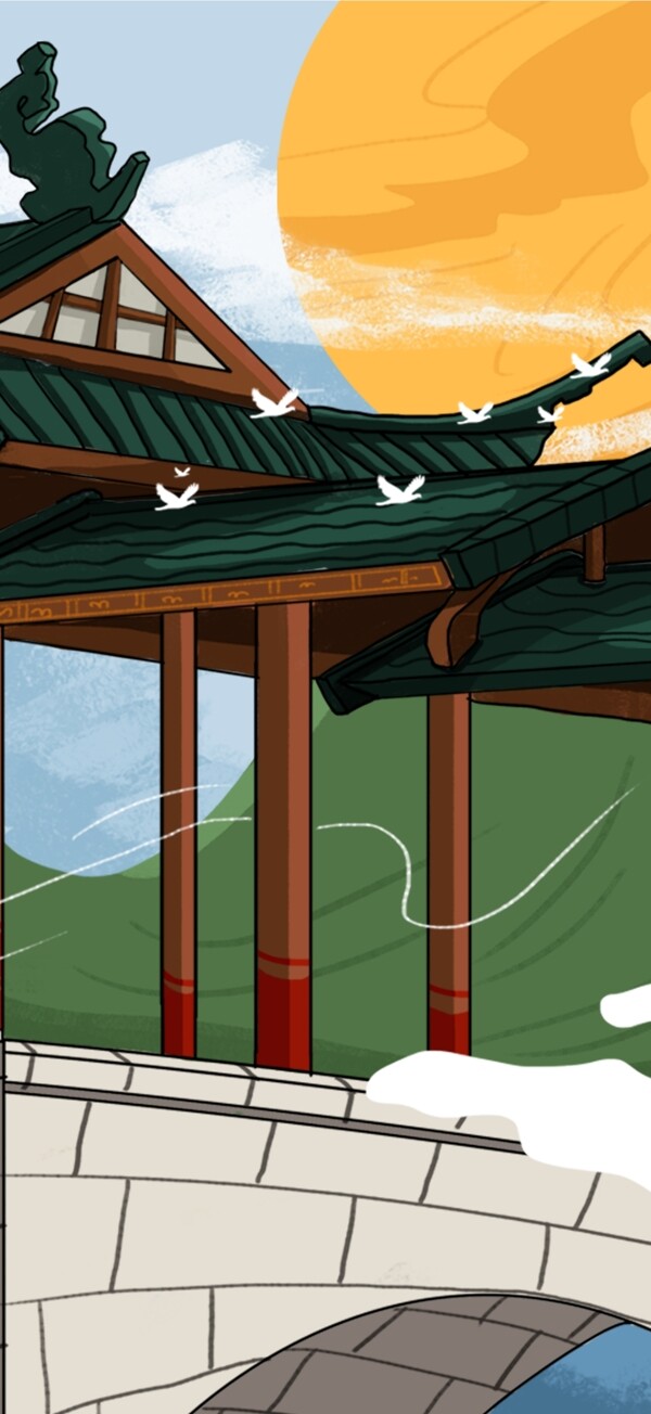 复古中国风古风建筑风雨桥插画素材