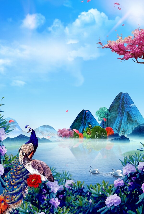 蓝色唯美新中式远山花卉孔雀背景