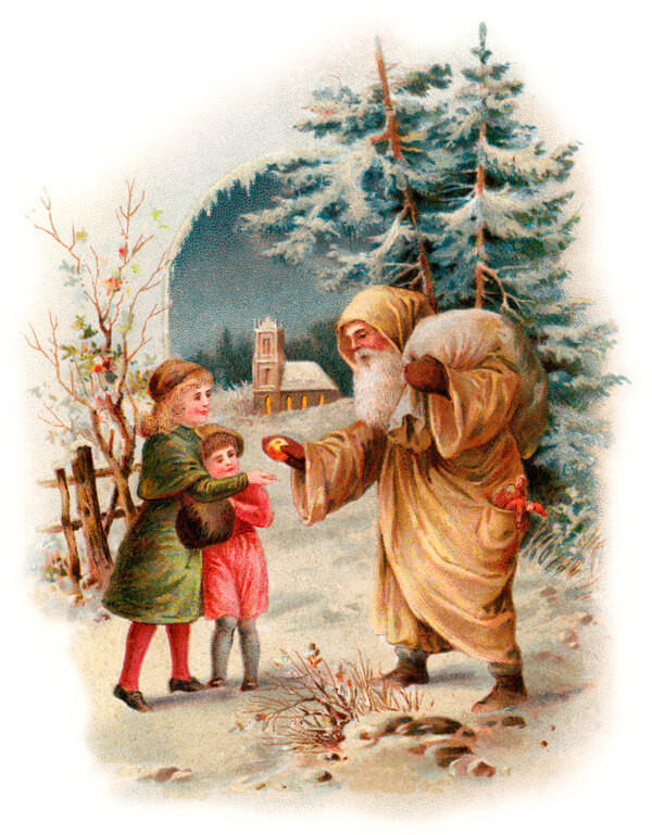 圣诞老人与小孩复古插图图片