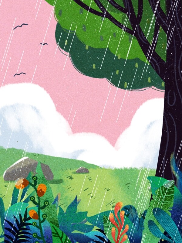 雨季绿色树林风景插画背景