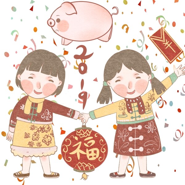 粉色小猪2019欢庆新春彩带飘扬
