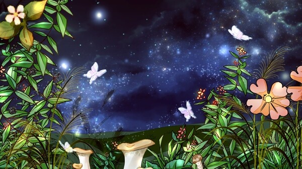 夏夜茂盛的花草蓝色天空蝴蝶背景