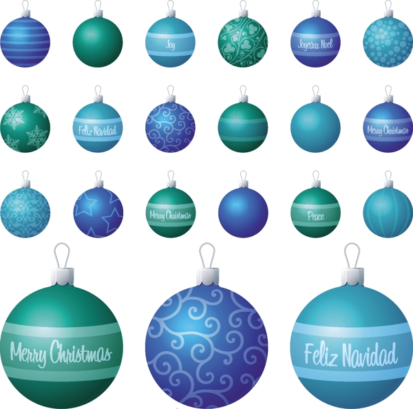 一个蓝色的水不同图案的圣诞装饰品在白色背景矢量插画