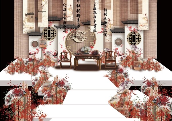 新中式白红色婚礼背景踏雪寻梅