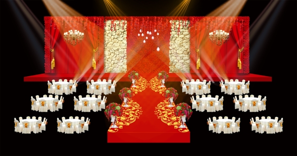 红金色石块墙面水晶灯婚礼主背景效果图