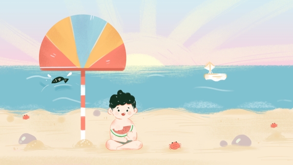 大暑二十四节气手绘插画夏天沙滩壁纸儿童