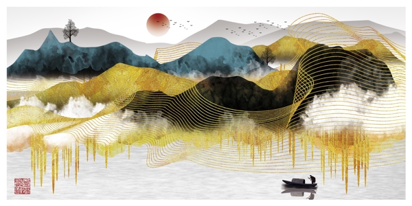 中国风金色线条山川风景装饰画