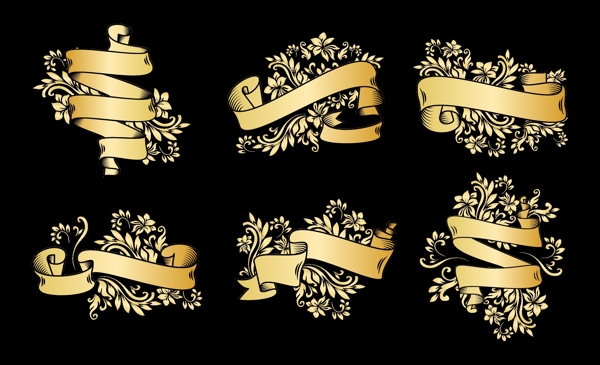 镶有树叶和花朵的金色复古丝带横幅