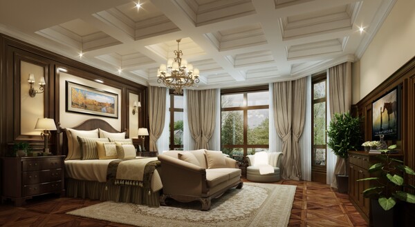 美式清新卧室白色天花板室内装修效果图