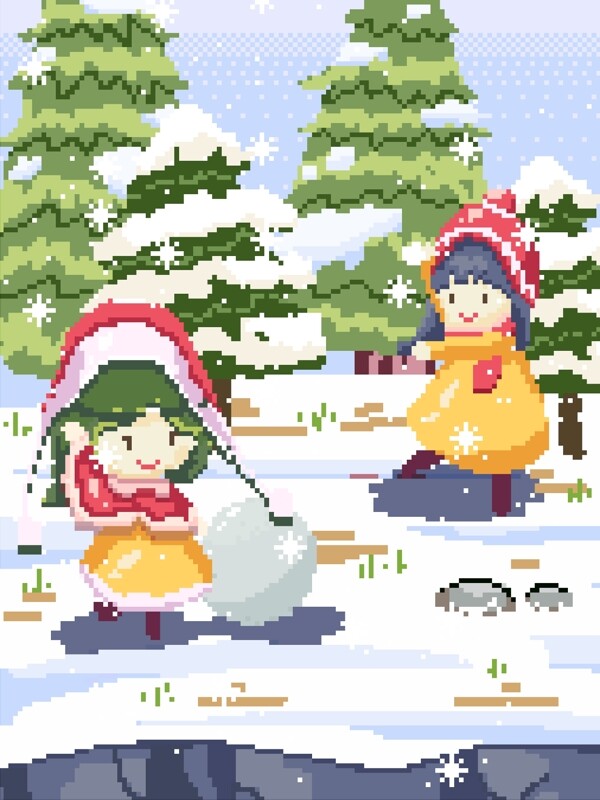 打雪仗堆雪人冬天下雪场景复古像素插画