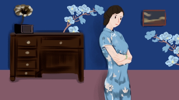 民国蓝色旗袍女人插画