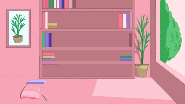 粉色书房书架绿色植物卡通背景