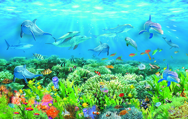 海豚海草奇幻的海底世界装饰图图片