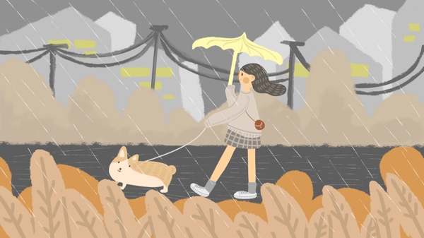 雨中遛狗的女孩
