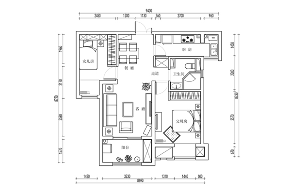 CAD两室一厅户型平面规划