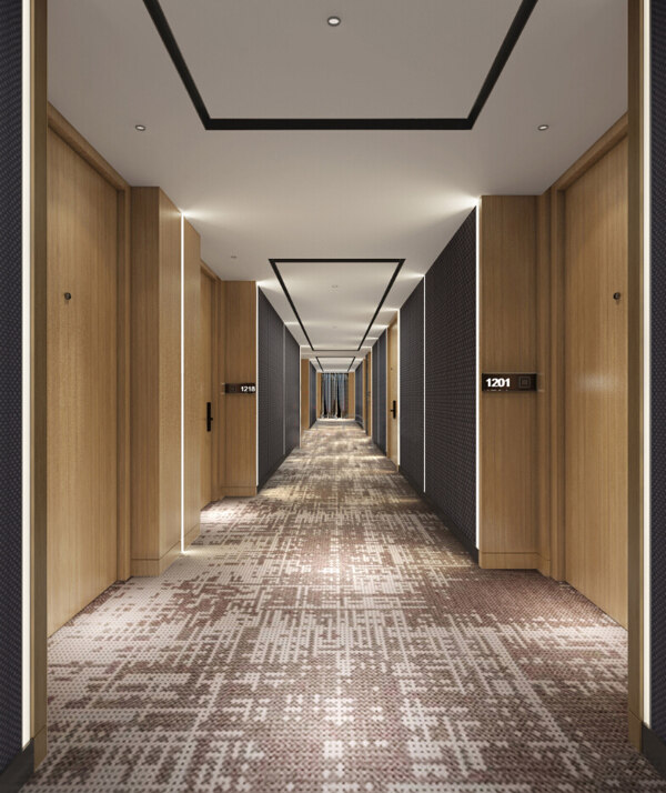现代时尚酒店走廊褐色地板工装装修效果图