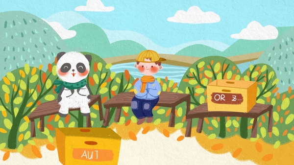 秋日私语男孩和小熊猫坐在椅子上温馨插画