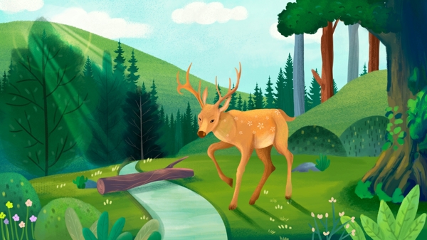 绿色小清新森林与梅花鹿插画背景元素