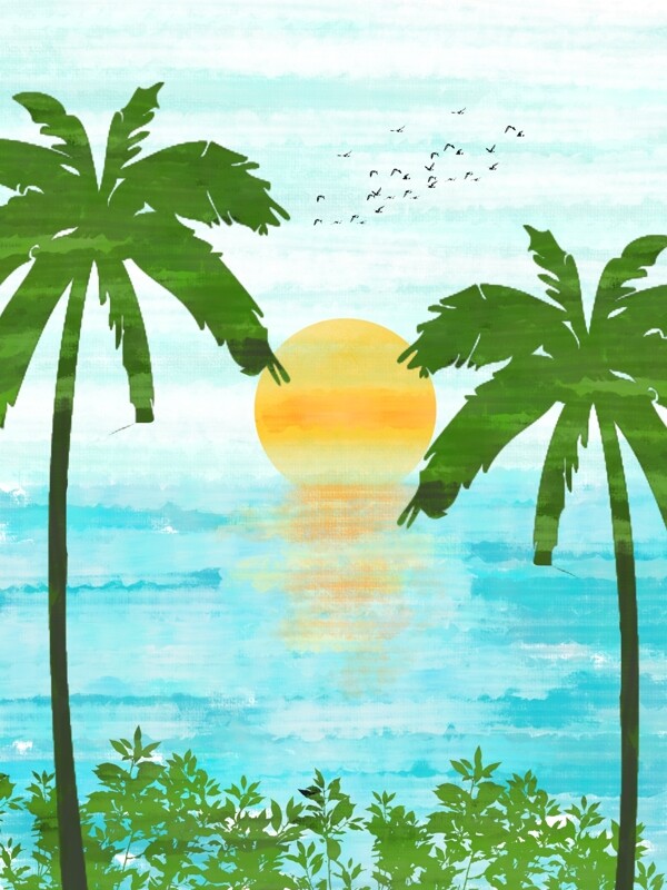 现代简约手绘海滩椰子树客厅装饰画