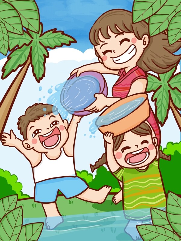 泼水节母亲和孩子一起泼水游玩手绘原创插画
