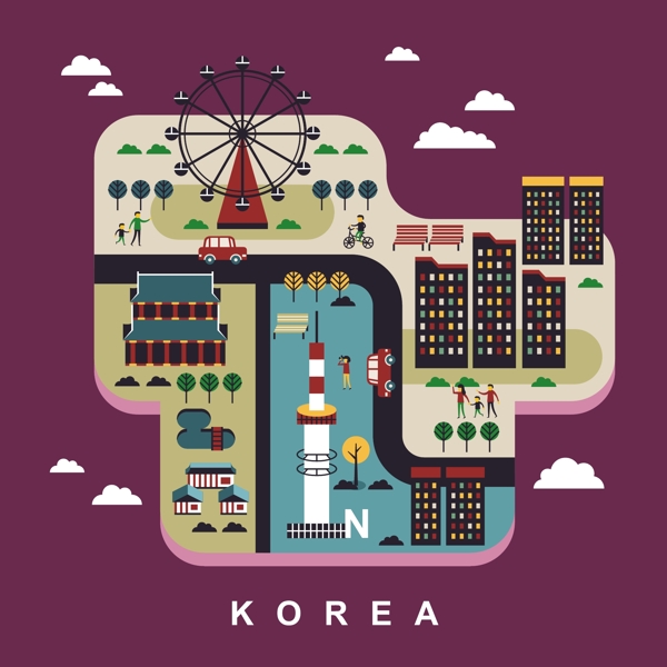 韩国旅行地标建筑手绘地图