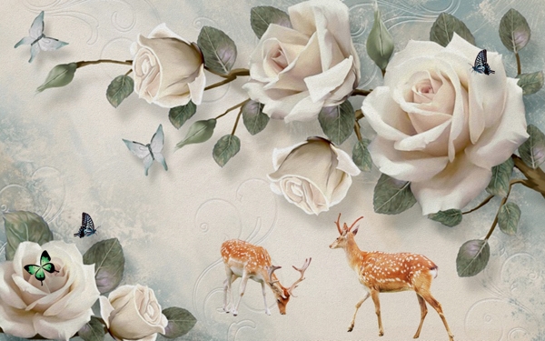 白色玫瑰麋鹿沙发背景墙