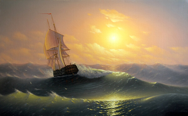 海面巨浪上的帆船油画图片