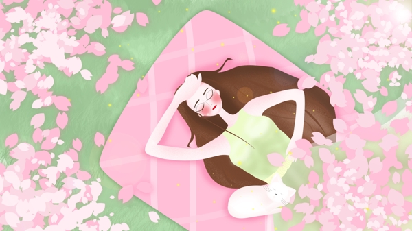 女孩和猫躺在樱花树下徜徉于睡梦中原创插画