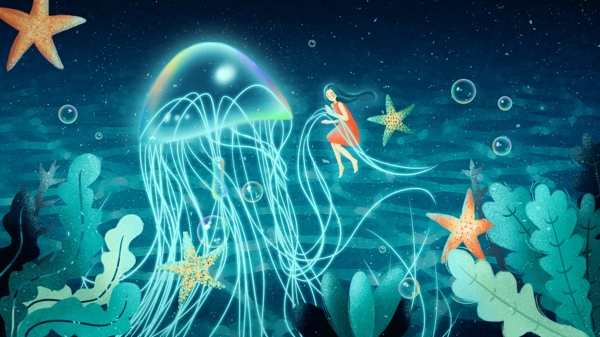 二十四节气大暑海洋水母与女孩原创插画海报
