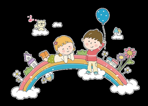 卡通儿童趴在彩虹桥玩耍png元素
