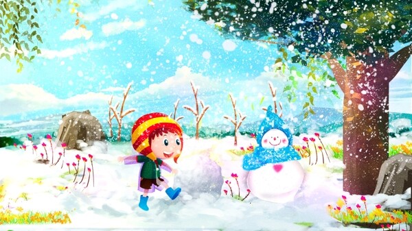 唯美冬天你好大雪小雪堆雪人打雪仗原创大树
