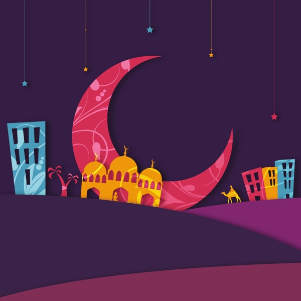 多彩的背景与清真寺和月亮为开斋节穆巴拉克