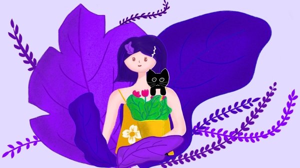 原创插画女孩和她的猫