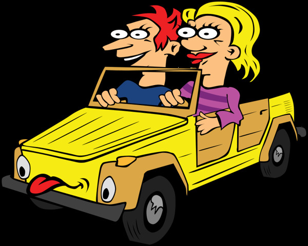 女孩和男孩驾驶汽车的卡通