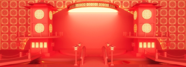 全原创3D空间红色春节小桥阁楼喜庆背景