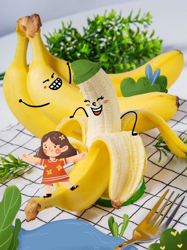 创意摄影图插画美食类香蕉女孩池塘食物