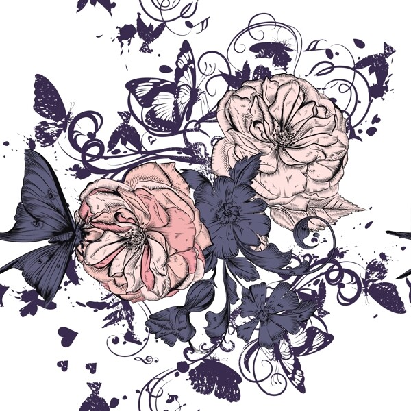 玫瑰背景和帶插圖的葉子