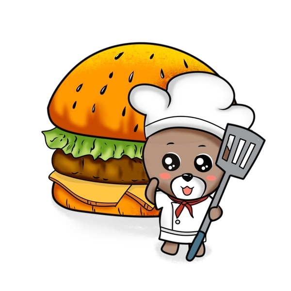 卡通厨师小熊可爱手绘烹饪汉堡美食免抠动物