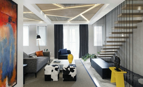 现代时尚复式客厅金色楼梯室内装修效果图
