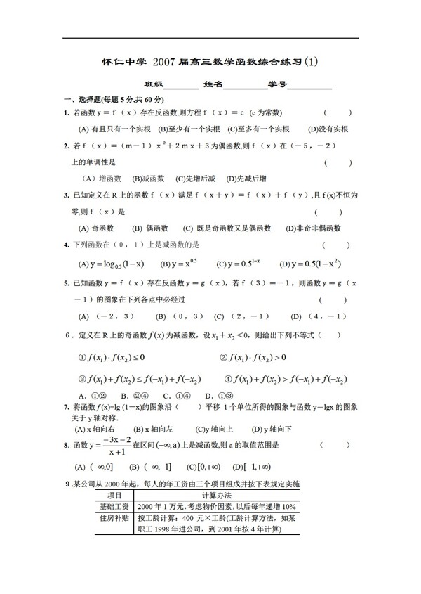 數(shù)學(xué)人教版懷仁中學(xué)函數(shù)綜合練習(xí)