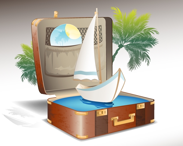 旅行箱里的帆船插画