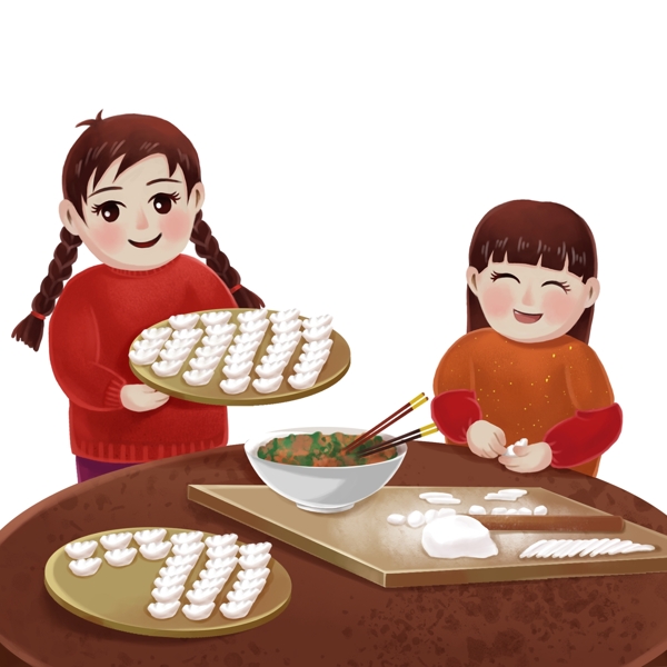 新年年夜饭包饺子煮饺子卡通手绘人物场景