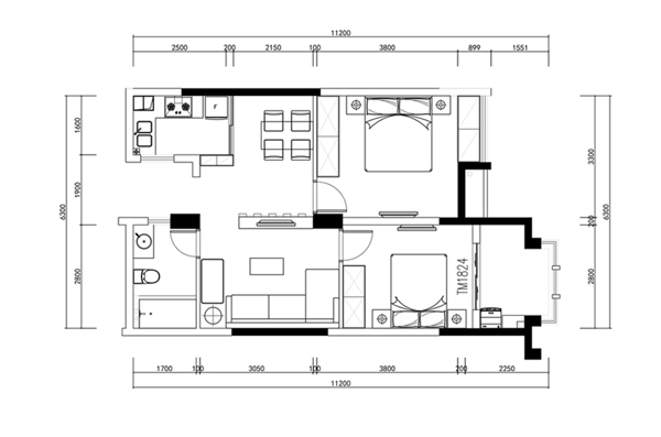 CAD两室一厅户型平面定制