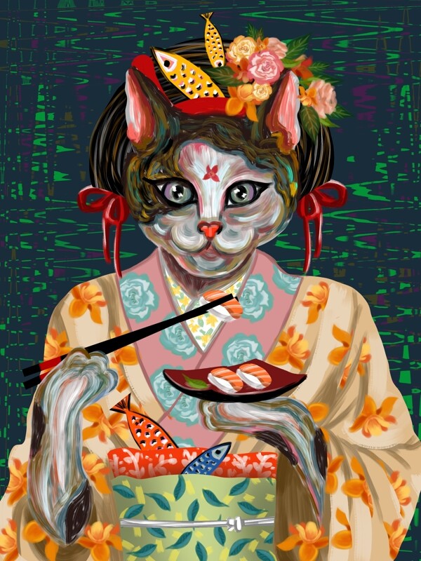喵记印象仿油画日本猫咪和服吃寿司三文鱼