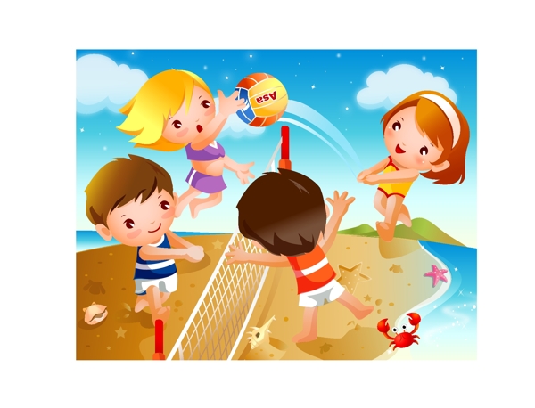 快乐儿童沙滩排球运动矢量