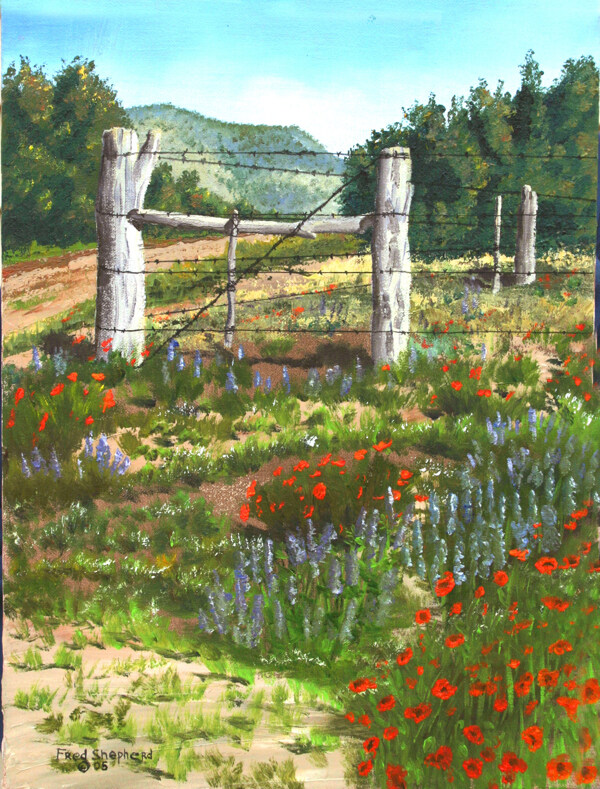 栅栏与鲜花风景油画图片